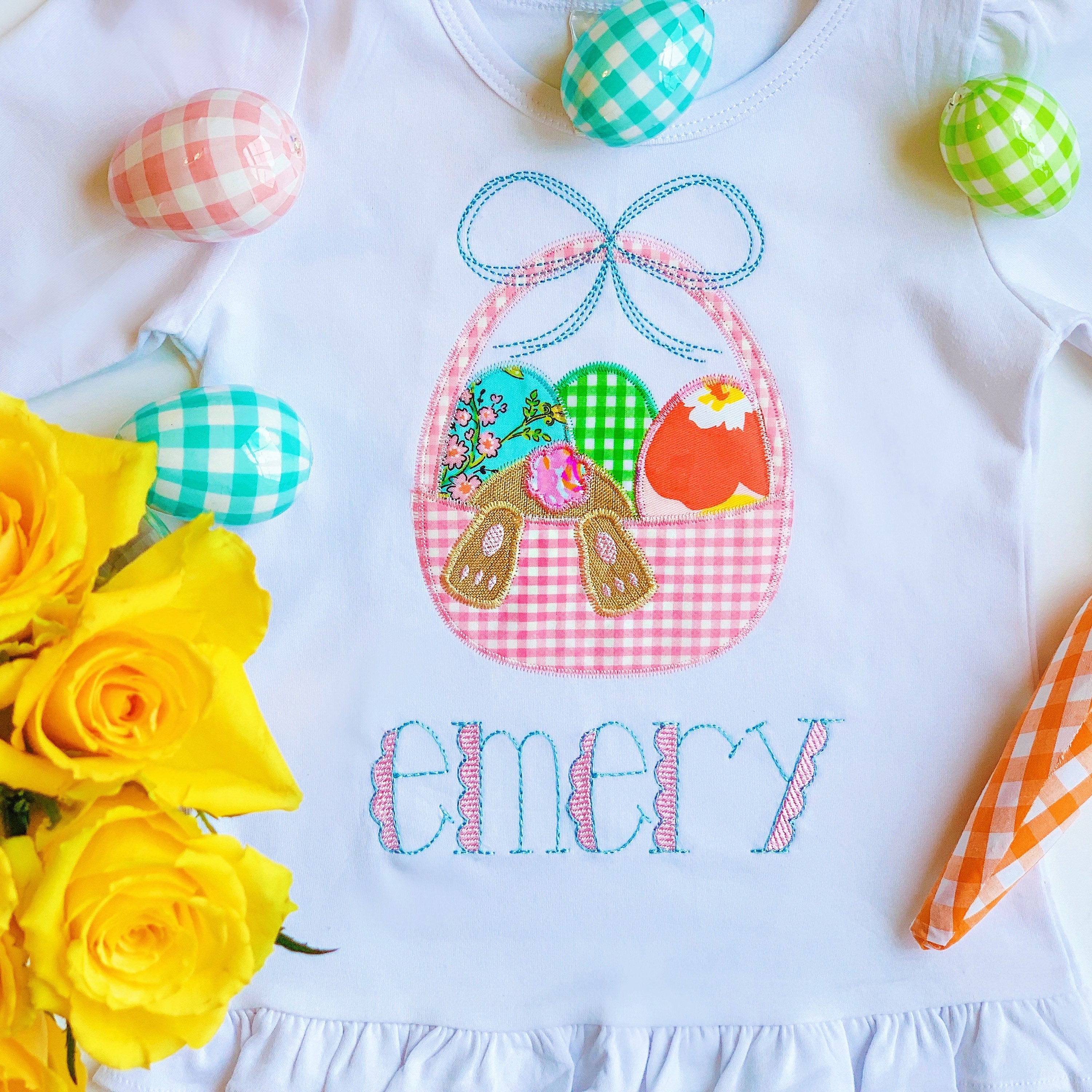 Girls Easter Bunny Basket Appliqué Ruffle Shirt